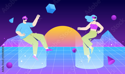 Metaverse digital cyber world technology, Man and woman are holding virtual reality glasses in cyberspace. Modern interface for communication, dating and gaming.