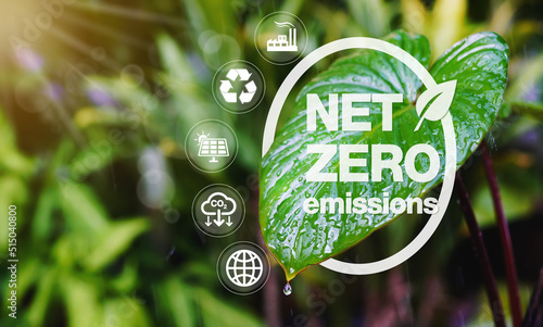 concept of carbon neutral and net zero emissions. natural environment A climate-neutral long-term strategy greenhouse gas emissions targets with green net center icon on leaf and green background.     photo