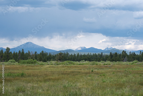 Bild auf Leinwand The Three Sisters Cascade Volcanos from La Pine, Oregon on Cloudy Day
