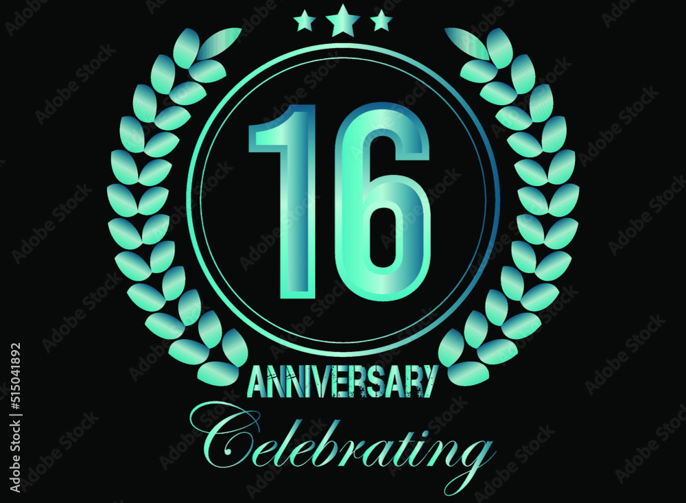 16 years blue sapphire anniversary logo, with shiny ring and laurel wreath isolated on black background, vector design. 16 years blue sapphire anniversary logo, with shiny ring and laurel wreath isolated on black background, vector design.