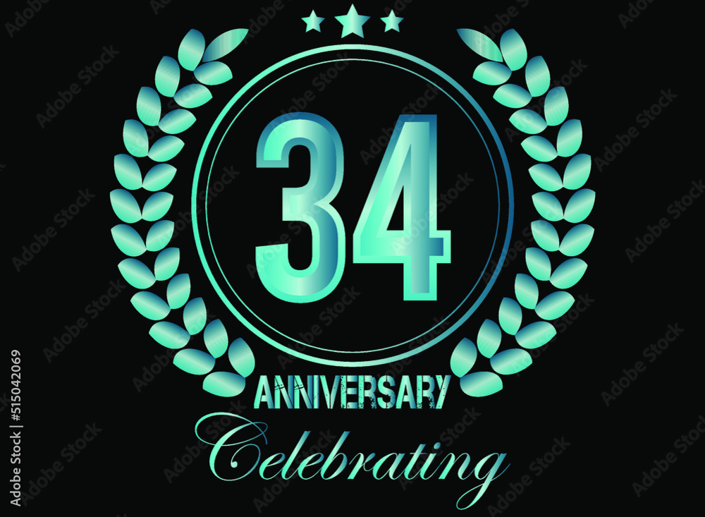 34 years blue sapphire anniversary logo, with shiny ring and laurel wreath isolated on black background, vector design. 34 years blue sapphire anniversary logo, with shiny ring and laurel wreath isolated on black background, vector design.
