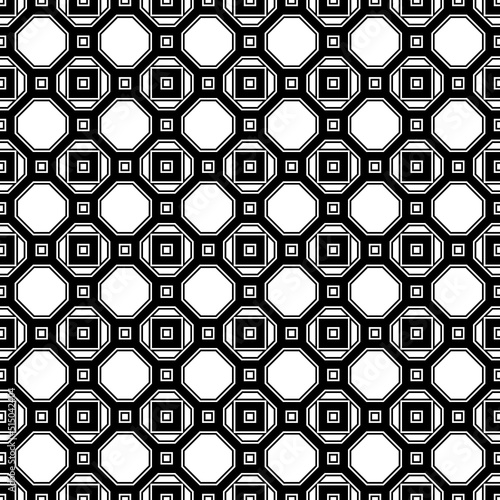 Repeated white figures on black background. Symmetric geometric wallpaper. Seamless surface pattern design with regular octagons and squares. Tiles motif. Digital paper for textile print. Vector art.