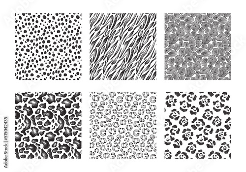 Collection of six vector seamless patterns with hand drawn animal skin ornaments. Set of modern trendy endless backgrounds