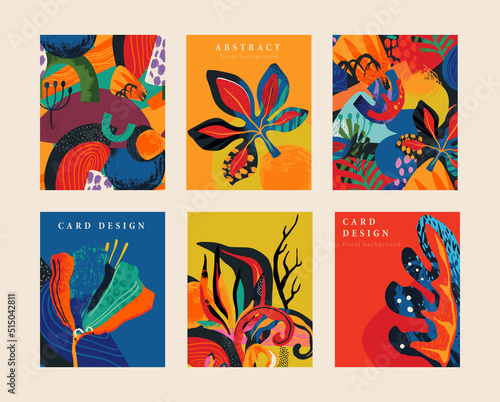 Set of six vector pre-made cards in modern abstract style with nature motifs, flowers, leaves and hand drawn texture.