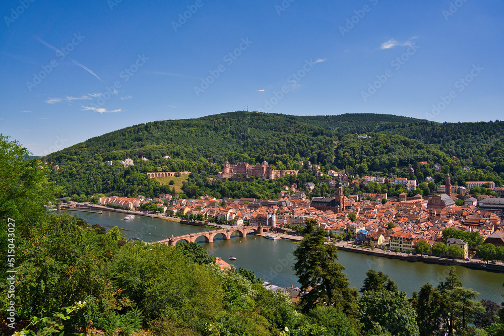 Heidelberg town with Neckar river, Germany. Heidelberg town with the famous Karl Theodor old bridge and Heidelberg castle, Heidelberg, Germany.