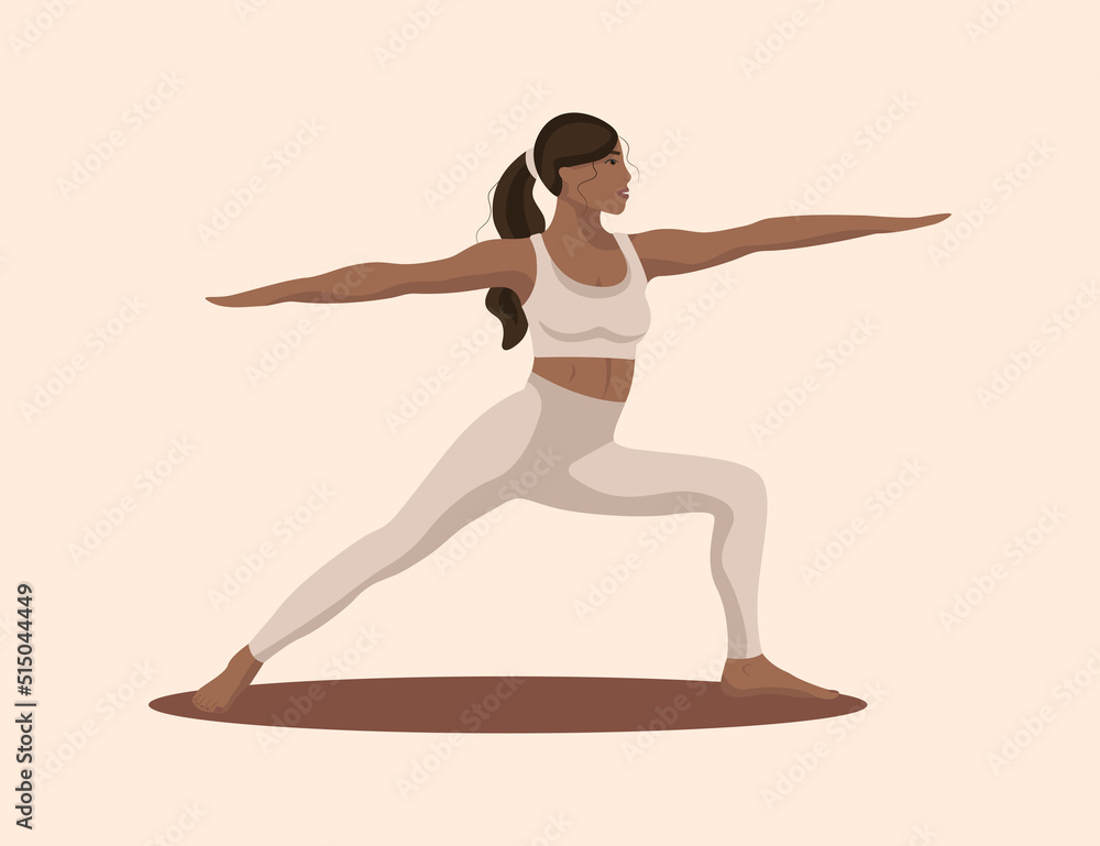 Black woman standing Virabhadrasana II or Warrior Pose, Female cartoon character demonstrating Hatha yoga posture Black woman standing Virabhadrasana II or Warrior Pose, Female cartoon character demonstrating Hatha yoga posture