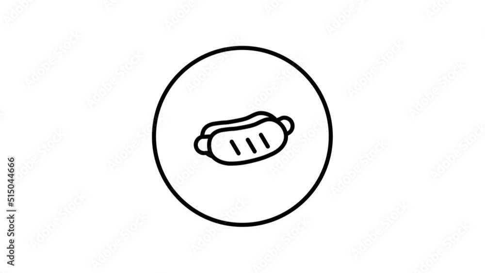 Video animation of Hotdog fast food meal line icon animation, outline icon in circle, black and white drawing, video animation, self drawing. Video animation of Hotdog fast food meal line icon animation, outline icon in circle, black and white drawing, video animation, self drawing.