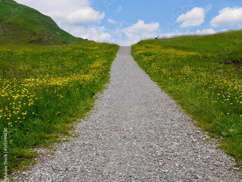 Gravel hiking path in the Austrian Alps. Lech, Arlberg, Austria.