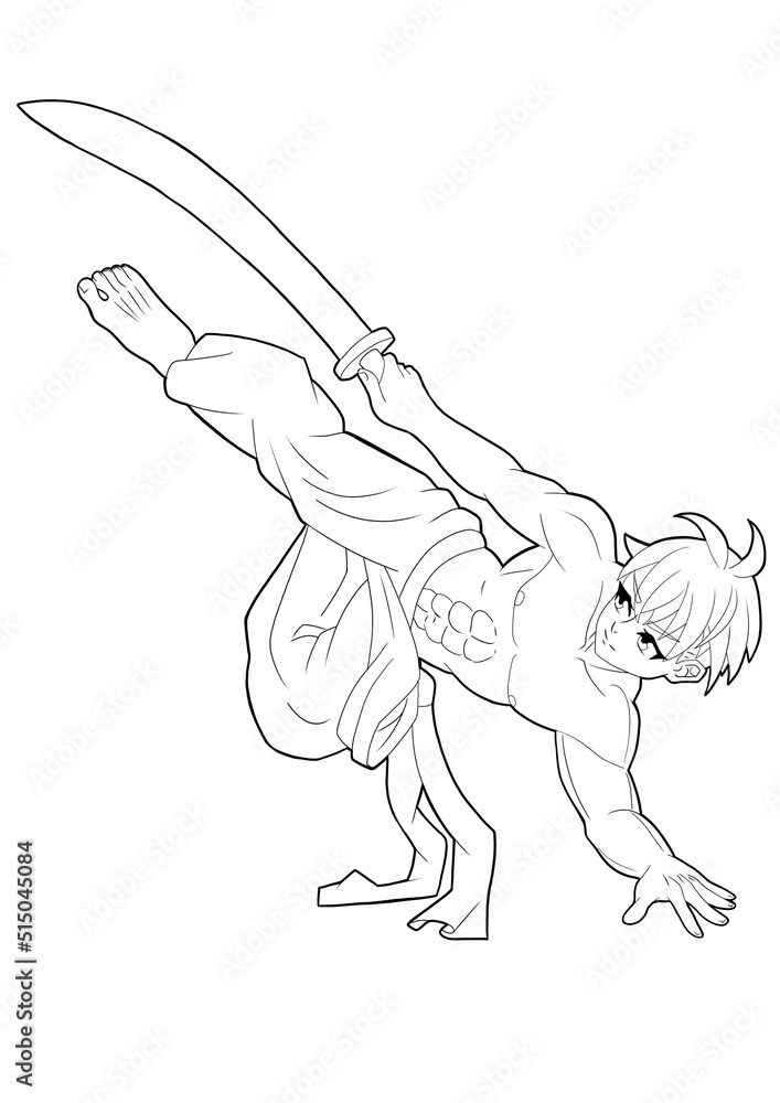 A strong muscular guy warrior drawn in the style of Japanese manga comics stands on one hand in the other holds a sword on him wide pants contour drawing A strong muscular guy warrior drawn in the style of Japanese manga comics stands on one hand in the other holds a sword on him wide pants contour drawing