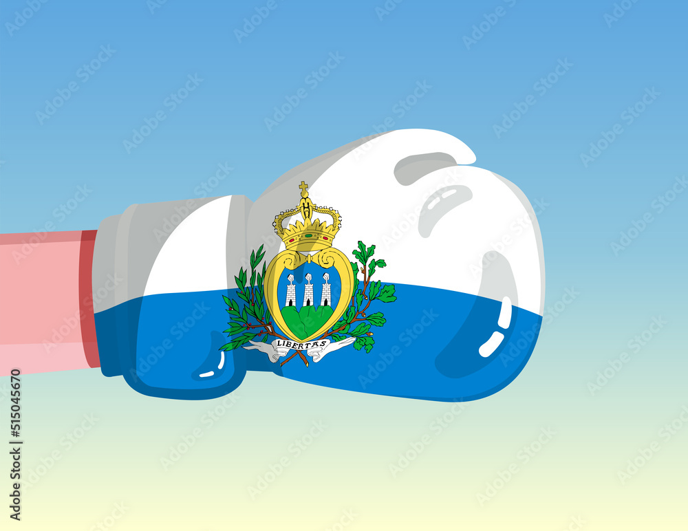 Flag of San Marino on boxing glove. Confrontation between countries with competitive power. Offensive attitude. Separation of power. Template ready design.