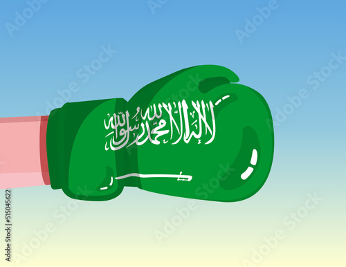 Flag of Saudi Arabia on boxing glove. Confrontation between countries with competitive power. Offensive attitude. Separation of power. Template ready design.