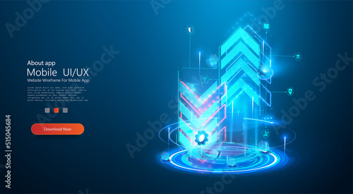 Transfer, receiving or exchanging data, Sending or receiving digital money. A hologram or projection of neon arrows pointing in opposite directions on blue futuristic background. Transfer vector sign.