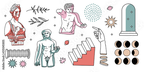 Set of linear Greek trippi sculptures surreal and antique. Contour vector illustration with abstract spots and shadows. Psychedelic emoticons in the style of the 1990s. Y2K silhouettes elements.
