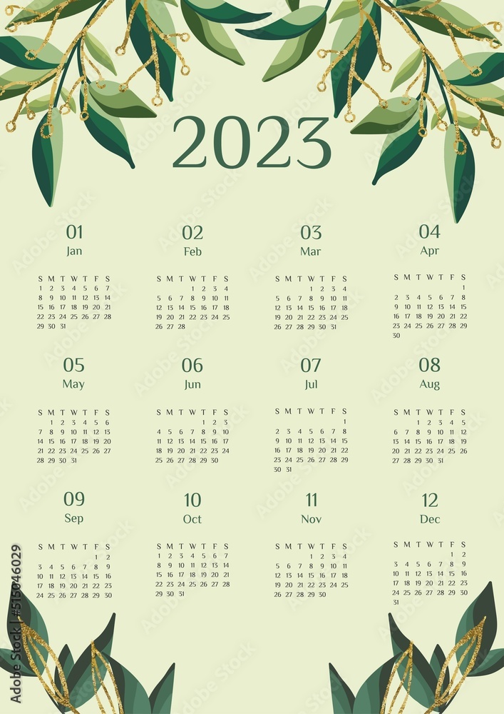 Vector illustration. Colorful calendar 2023 template. Week Starts on ...