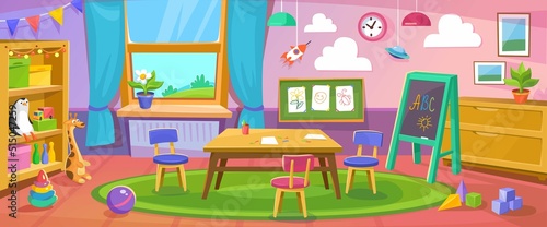 Empty kindergarten room or nursery interior design with toys and furniture. Inside a kid's room for games with a blackboard, cubes, table, rocket and penguin. Cartoon style vector illustration. © Microstocker.Pro