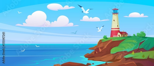 Lighthouse on a sea shore in summer. Landscape view of an ocean beacon on a hill in a bay. Small waves on a rocky beach and seagulls in a blue sky. Cartoon style vector illustration.