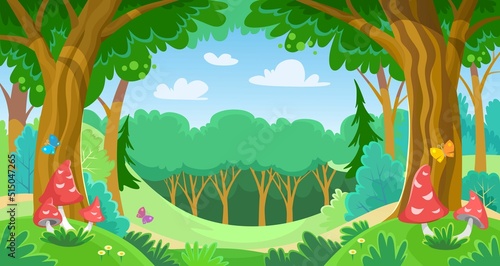 Cartoon fairy tale forest in summer or spring. Magic mushrooms and trees in the woodland. Green meadow in a fantasy world. Bright butterflies in a dreamland. Vector background with copy space.