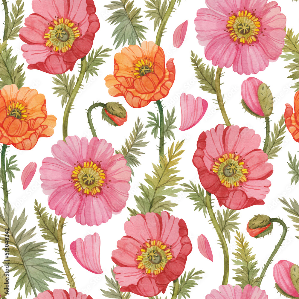 Seamless pattern with colorful watercolor poppies. Floral print with poppies on a white background.