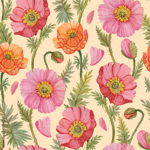 Seamless pattern with colorful watercolor poppies. Floral print with poppies on a light yellow background. © Maria Kviten