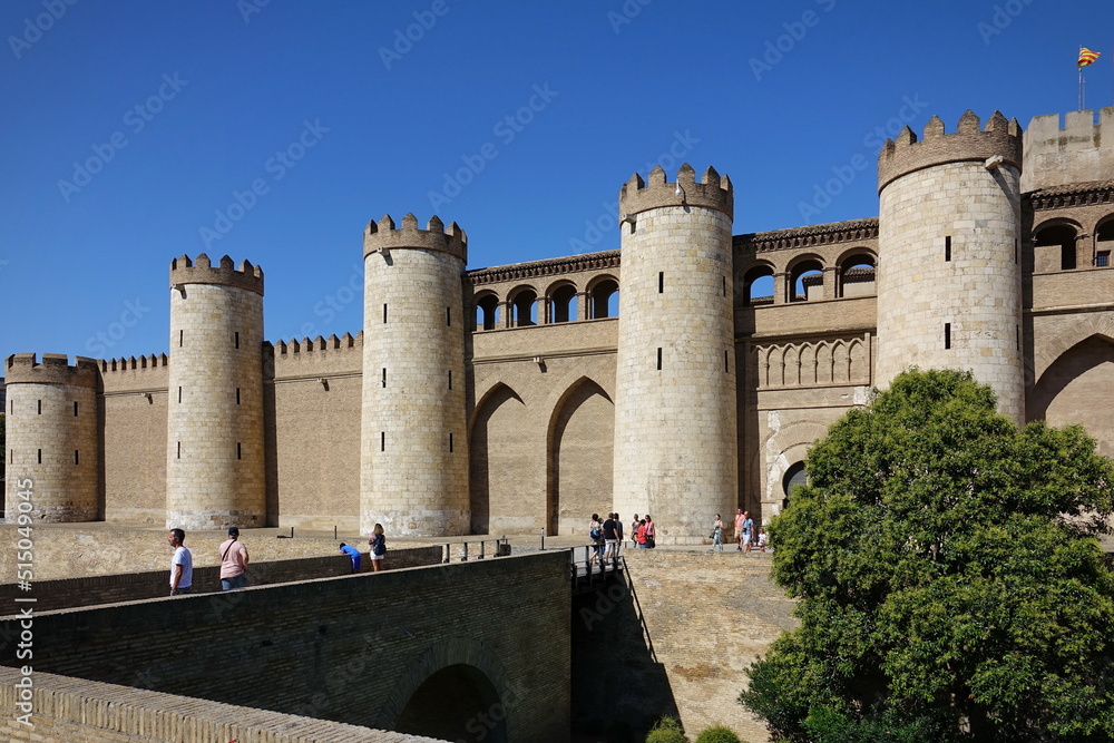 ZARAGOZA, SPAIN  View of the Aljafería Palace, a fortified medieval Islamic palace built during the second half of the 11th century in Zaragoza, Aragon, Spain.