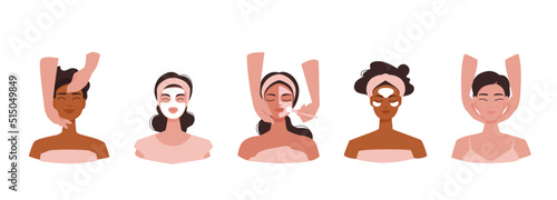 Set of cosmetic spa treatment to face and neck. Multi ethnic cute girls take care of skin at home and in a beauty salon. Treatment of moisturizing, massage and cleaning. Vector illustration isolated.