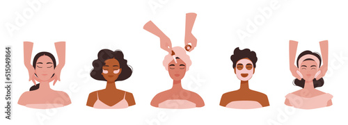 Set of five cute girls taking care of face skin with diverse cosmetic. Multi ethnic women apply cosmetic treatment and massage at spa and at home. Flat vector illustration isolated on white background