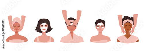 Set of cosmetic spa treatment. Cute girls take care of face skin at home and in a beauty salon. Treatment of moisturizing, massage and cleaning. Vector illustration isolated on white background.