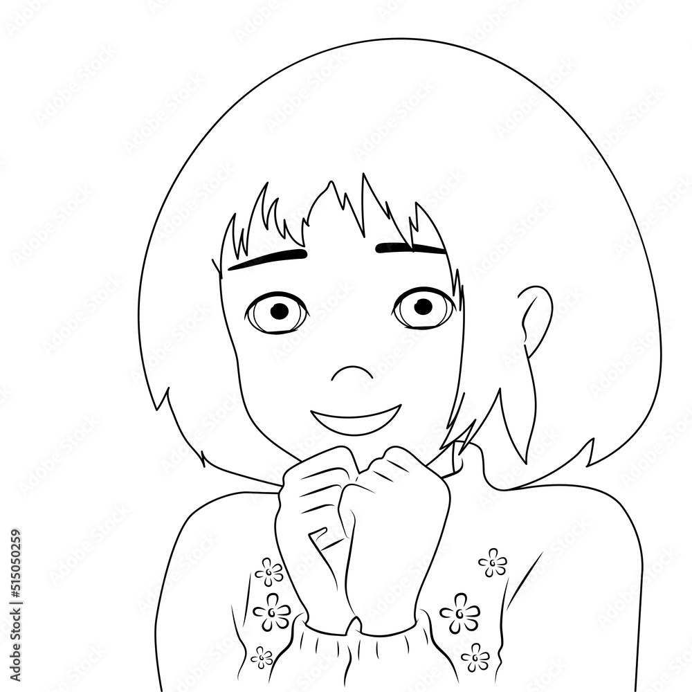 Obraz premium Black and white lines drawing, little girl expresses joy by folding her hands together. Child's feelings and emotions
