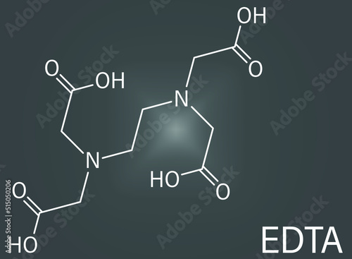 Skeletal formula of ethylenediaminetetraacetic acid or EDTA complexing agent molecule. Used in treatment of lead poisoning and in descaling solutions to remove limescale. photo