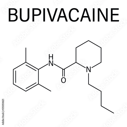 Skeletal formula of Bupivacaine epidural anesthetic drug molecule. Local anaesthetic.