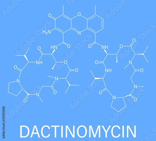 Skeletal formula of Dactinomycin cancer chemotherapy drug molecule. Also known as actinomycin D. 