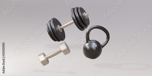Two 3d dumbbells and a kettlebell on a gray background. Vector illustration.