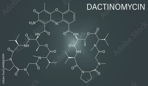 Skeletal formula of Dactinomycin cancer chemotherapy drug molecule. Also known as actinomycin D.  photo