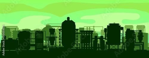 Production plant. Green industry landscape. Silhouette of objects. Industrial technical equipment. Seamless horizontal composition. Factory chemical. Modern technology enterprise. Vector