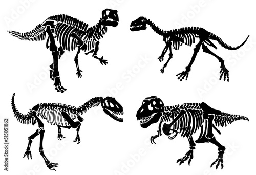 Graphical set of dinosaur skeletons isolated on white background,vector sketch