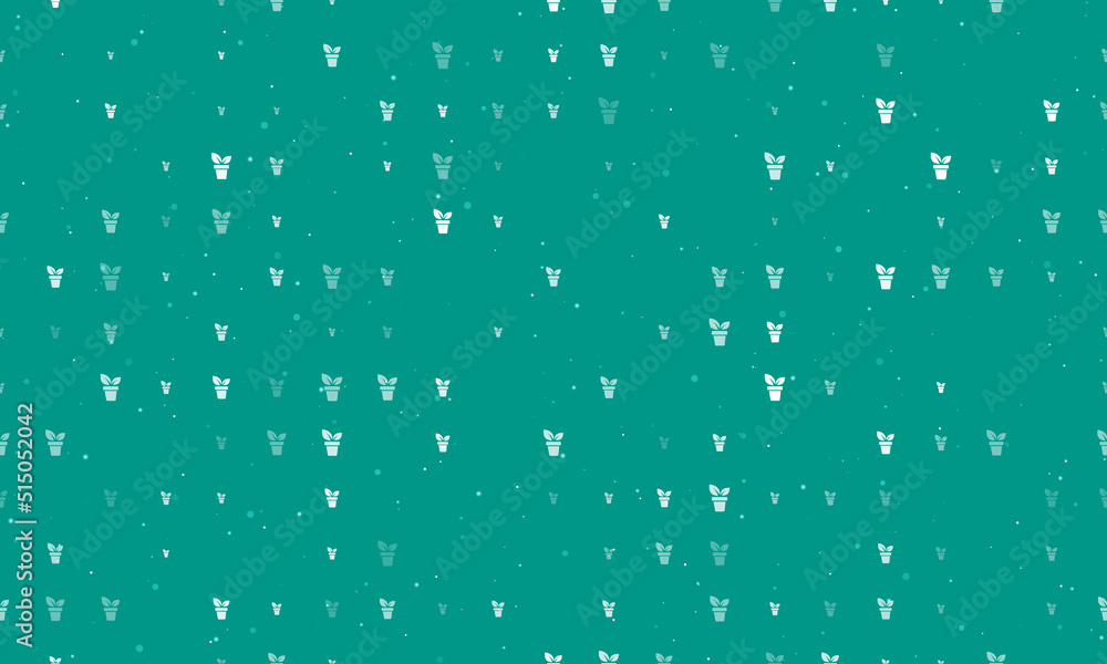 Seamless background pattern of evenly spaced white plant in pot symbols of different sizes and opacity. Vector illustration on teal background with stars Seamless background pattern of evenly spaced white plant in pot symbols of different sizes and opacity. Vector illustration on teal background with stars