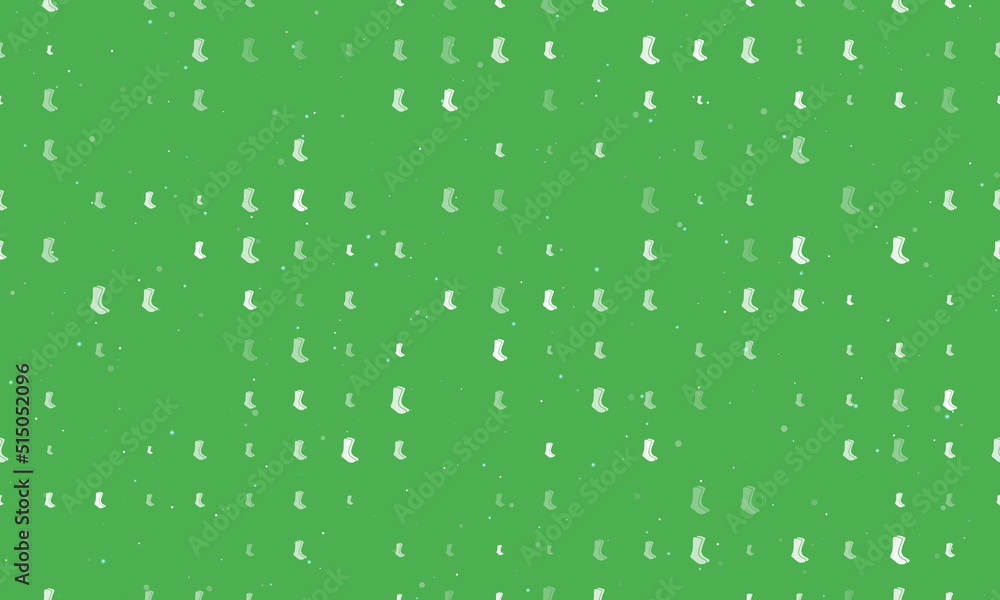 Seamless background pattern of evenly spaced white socks symbols of different sizes and opacity. Vector illustration on green background with stars