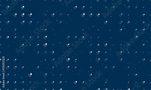 Seamless background pattern of evenly spaced white satellite symbols of different sizes and opacity. Vector illustration on dark blue background with stars