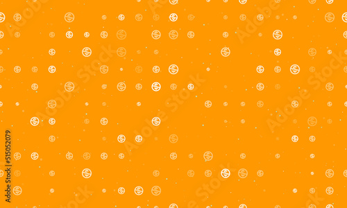 Seamless background pattern of evenly spaced white no dollar symbols of different sizes and opacity. Vector illustration on orange background with stars