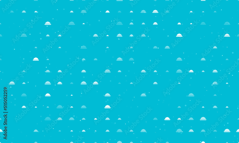 Seamless background pattern of evenly spaced white cloche symbols of different sizes and opacity. Vector illustration on cyan background with stars