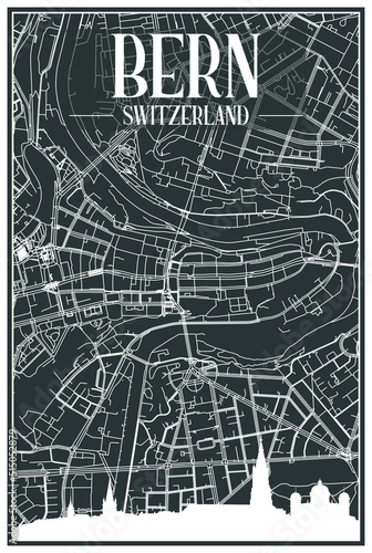 Dark printout city poster with panoramic skyline and hand-drawn streets network on dark gray background of the downtown BERN, SWITZERLAND