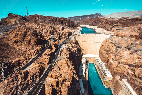 Photography Hoover Dam from top. Nevada - Arizona border.