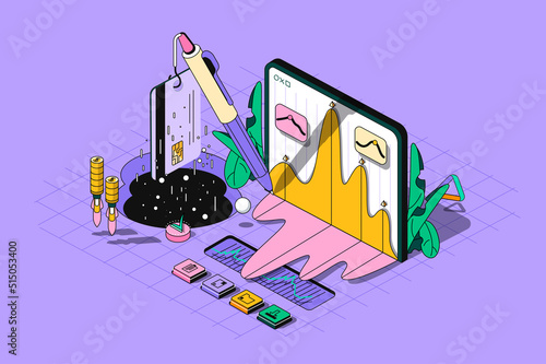 Stock market concept 3d isometric outline web design. Trading on stock exchange, analysis of financial statistics, investment strategy. Vector web illustration with abstract line people composition