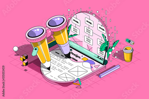 UX design concept 3d isometric outline web design. Development of usability interface, coding, programming and prototyping, create layout. Vector web illustration with abstract line people composition