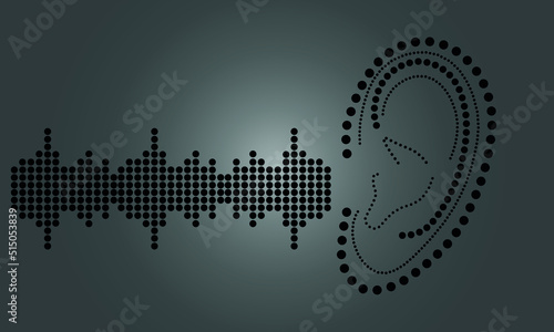 Illustration of human ear and sound wave on grey background