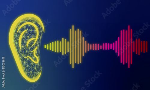 Illustration of human ear and sound wave on dark blue background