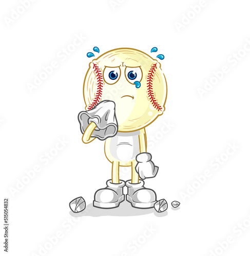 baseball head cry with a tissue. cartoon mascot vector