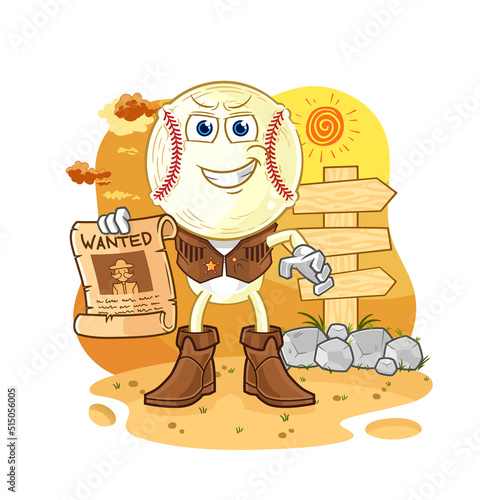 baseball head cowboy with wanted paper. cartoon mascot vector