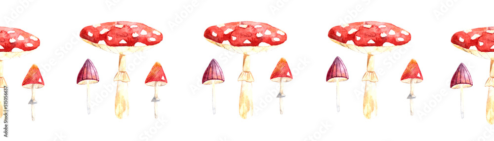 Watercolor seamless border with bright fly agarics and small mushrooms on a white background