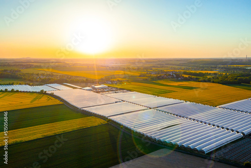 Aerial view of an organic greenhouse, growing vegetables and fruits in a greenhouse, large greenhouses located in the fields, aerial view